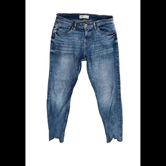 Zara Jeans Size 6 Skinny Raw Hem Distressed Stretch Mid Rise Dark - Picture 1 of 8